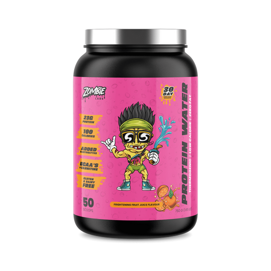 Container of Zombie Labs Shredz Protein Water in Frightening Fruit Juice flavor, featuring 23 grams of protein, 100 calories, added electrolytes, BCAAs, L-carnitine, and is gluten and dairy-free. The vibrant pink label displays a cartoon character with a yellow headband, squirting water.