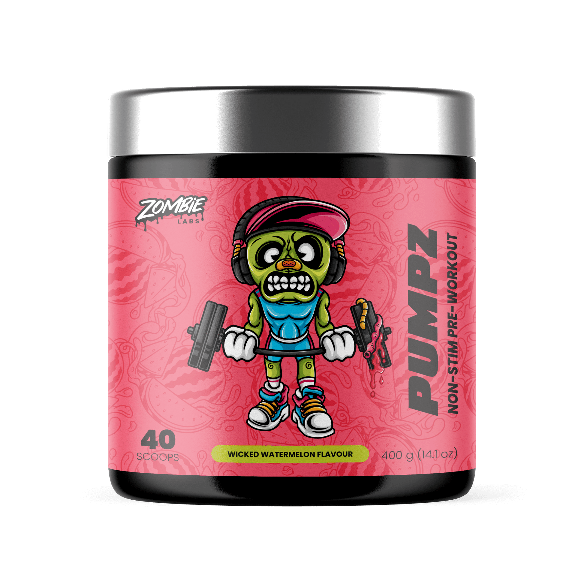 Pink coloured tub of Zombie Labs Pumpz Non-Stimulant Pre-Workout supplement in Wicked Watermelon Flavour with a colourful zombie character lifting weights illustration on the label